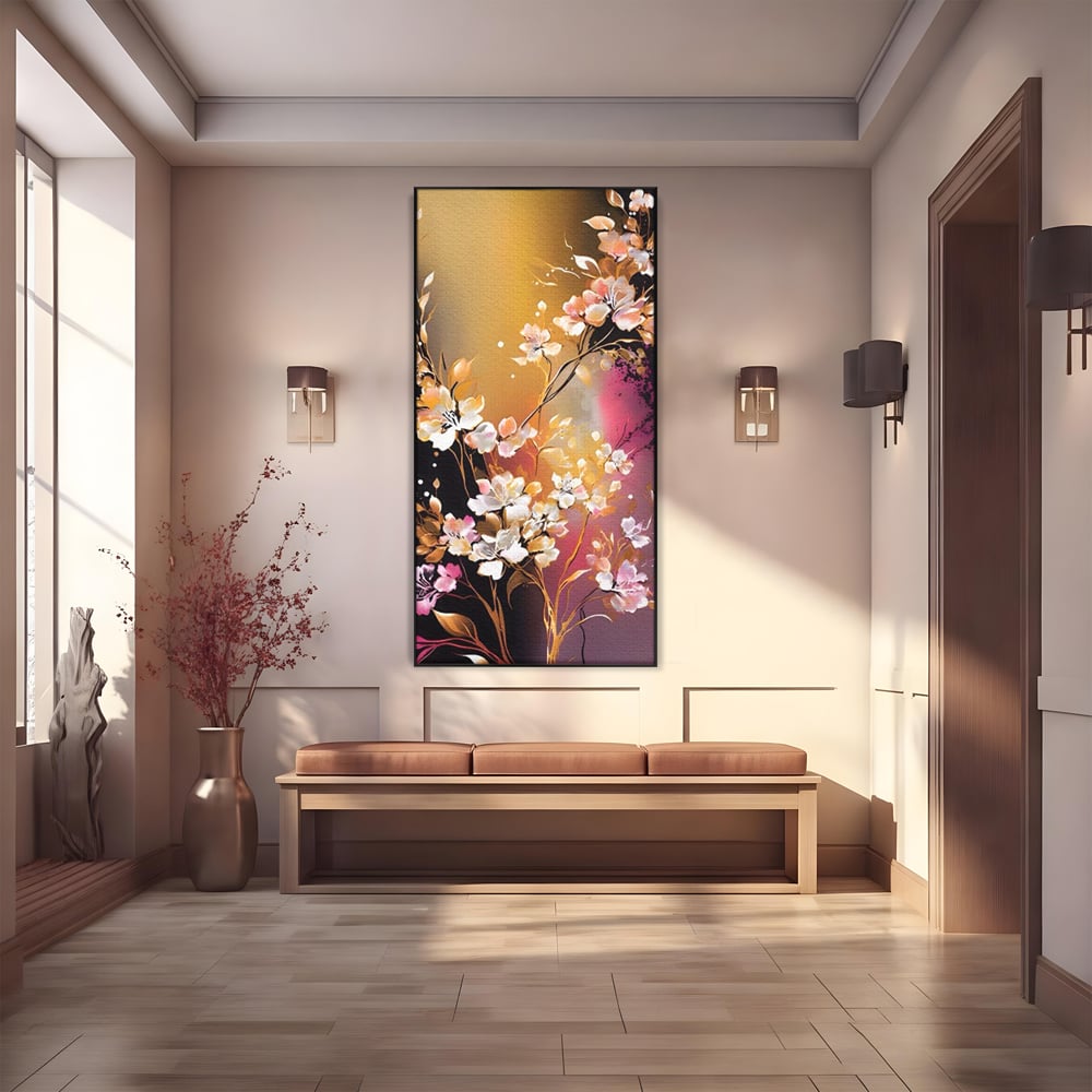 Tablou canvas cu pictura verticala cu ramura inflorita, in rama de aluminiu negru